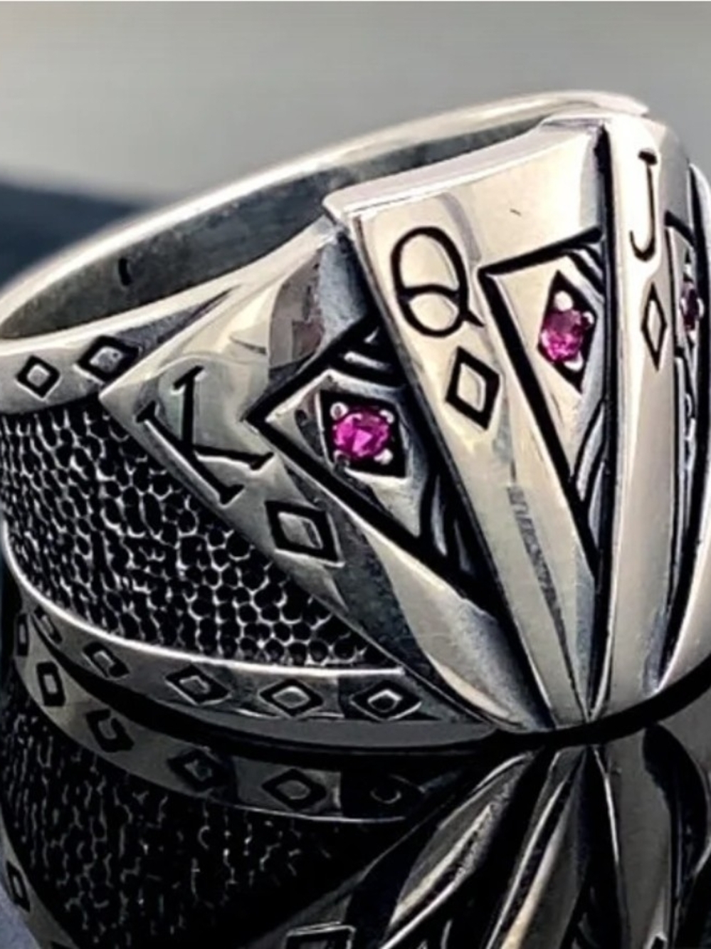 Sterling Silver King & Queen Playing Card Ring with Pink Stones